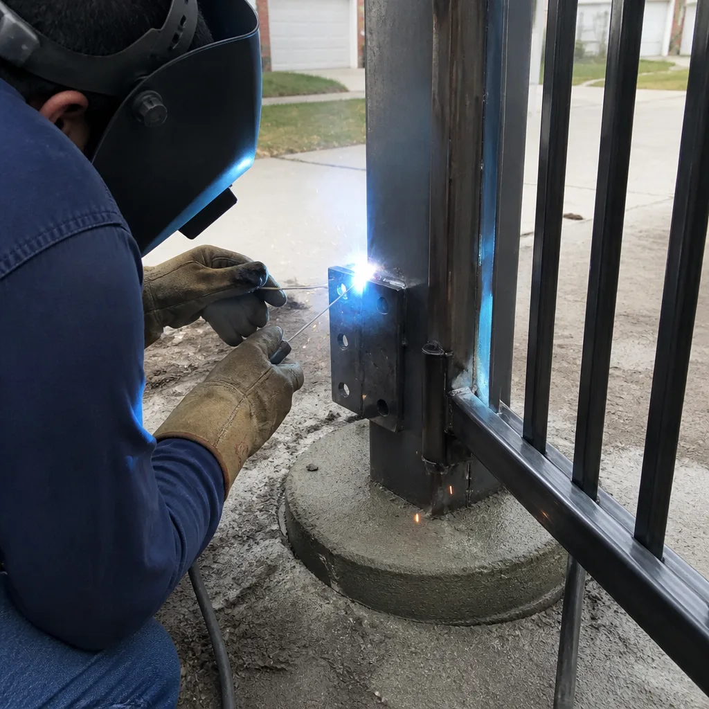 Professional welder performing metal gate installation and repair work
