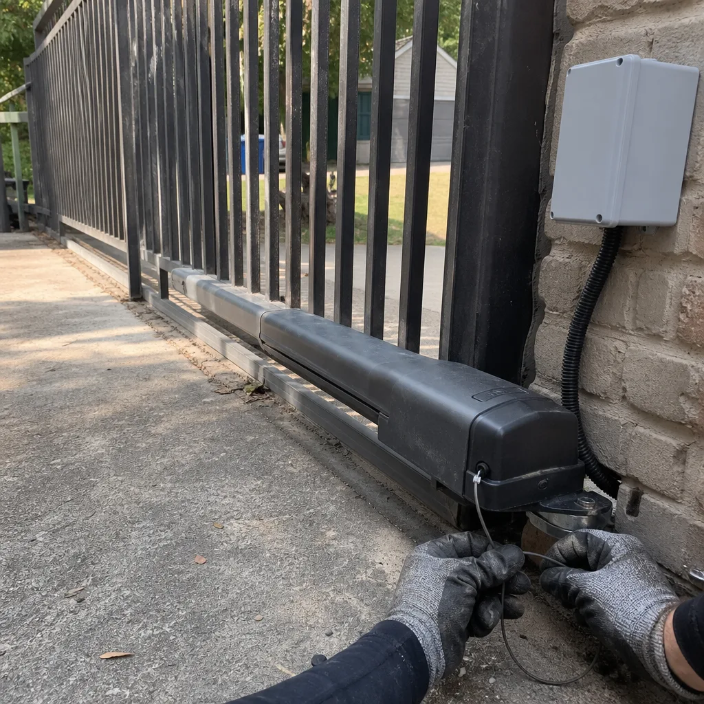 Technician performing professional repair on an automatic sliding gate opener motor