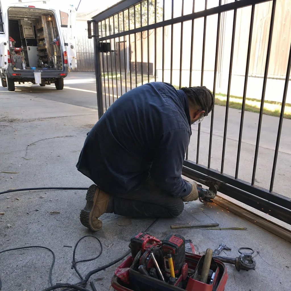Technician using a power grinder to repair a residential metal gate