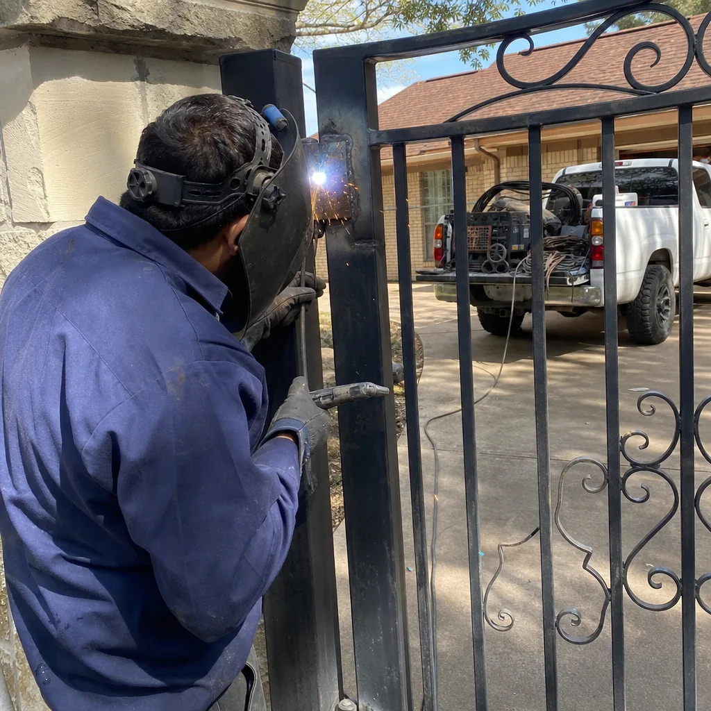 Professional welder performing iron gate repair and metal fence maintenance